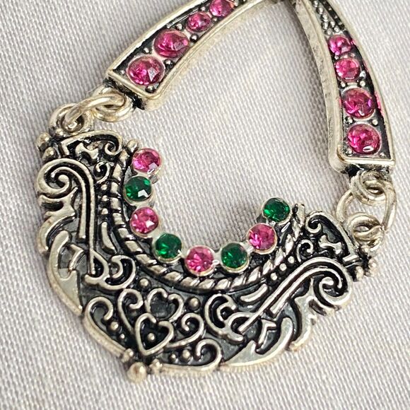 Silver Tone Articulated Earrings Ornate Pattern Pink Black Rhinestones Pierced - Picture 5 of 8